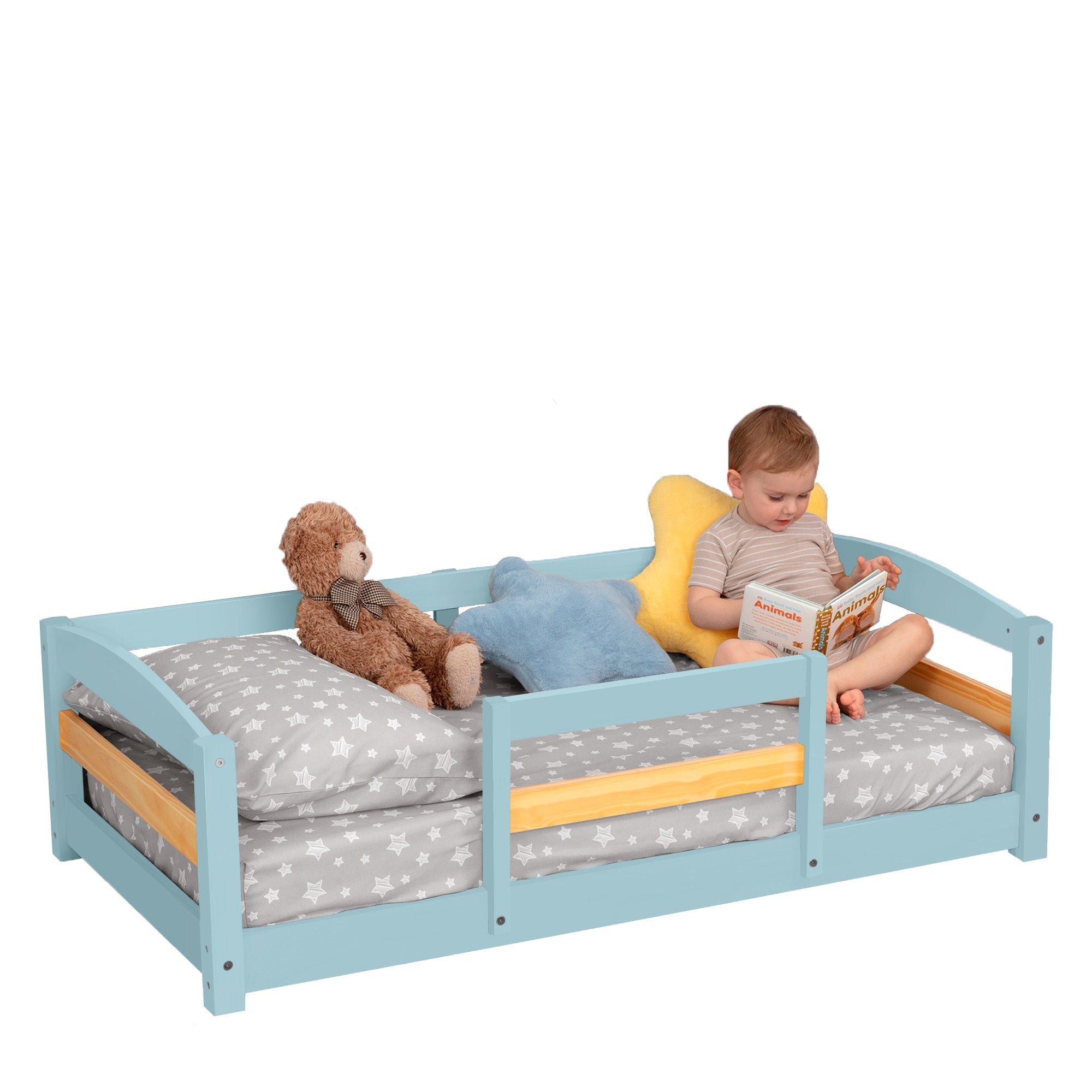 Crib Size Wooden Floor Bed Frame with Rails for Toddlers Age 1–3