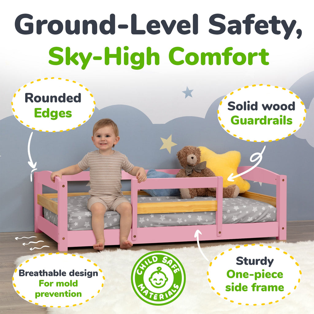 Crib Size Wooden Floor Bed Frame with Rails for Toddlers Age 1–3